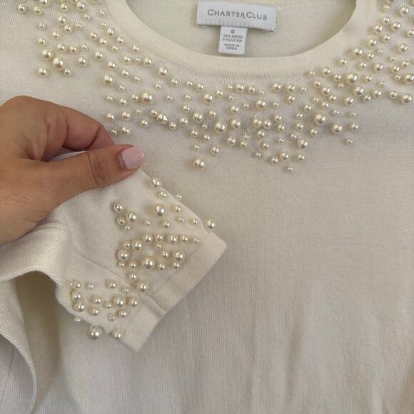 Charter Club Womens Pearl Beaded Embellished Cream Crew Neck Sweater Size Small - Picture 3 of 7